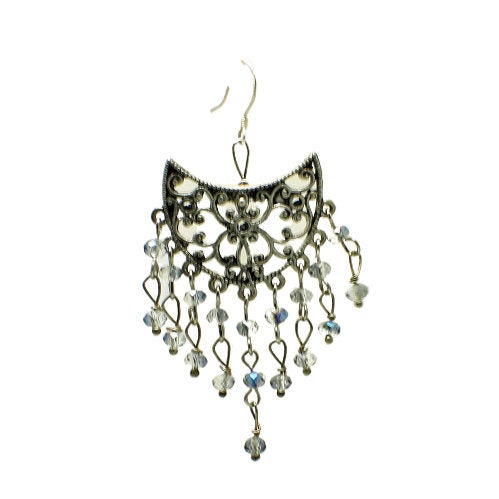 Clear and Blue Crystal Filigree Chandelier Earrings