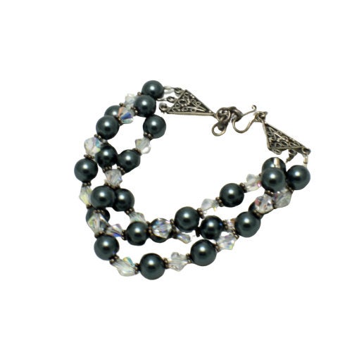 Black Pearl & Crystal Bracelet - Elegant, Formal, Sterling Silver