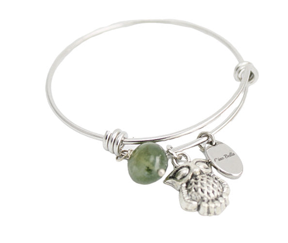 Owl Charm Bangle Bracelet | Stainless Steel, Green Agate, Gift