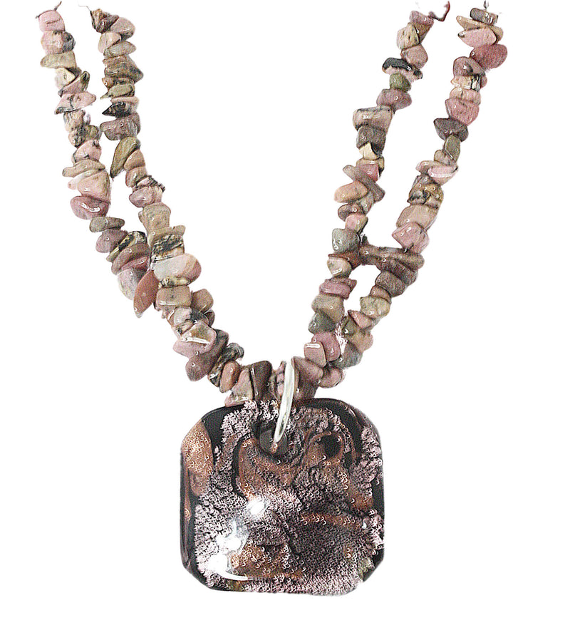 Rose Pink Murano Glass Pendant Necklace w/ Rhodanite Gemstone