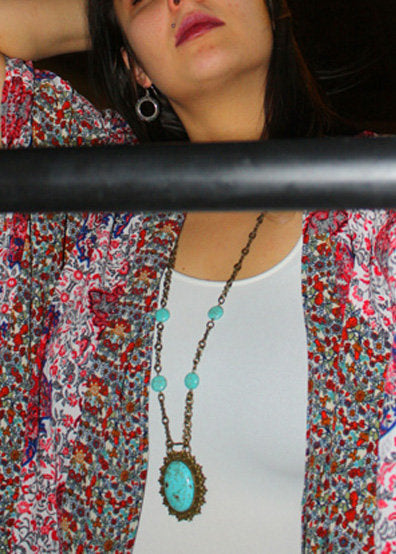 Long Natural Turquoise Necklace, Antique Gold Chain, Statement Jewelry