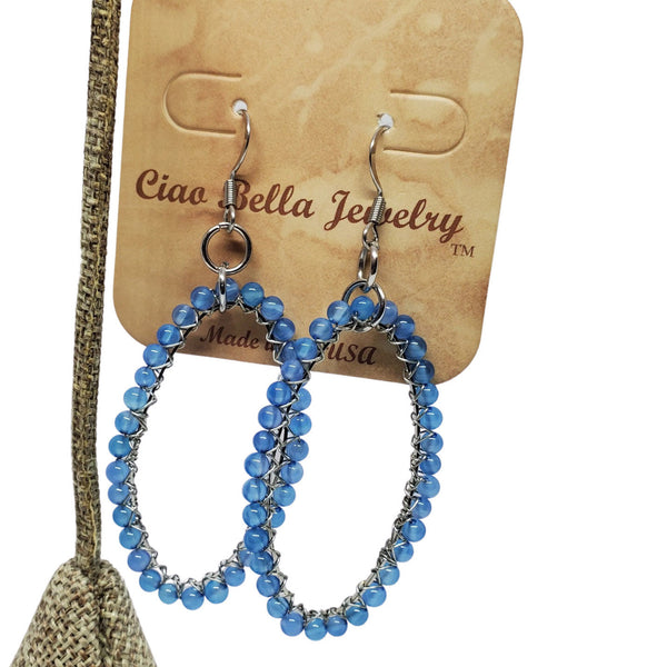 Statement Blue Agate Gemstone Oval Hoop Earrings