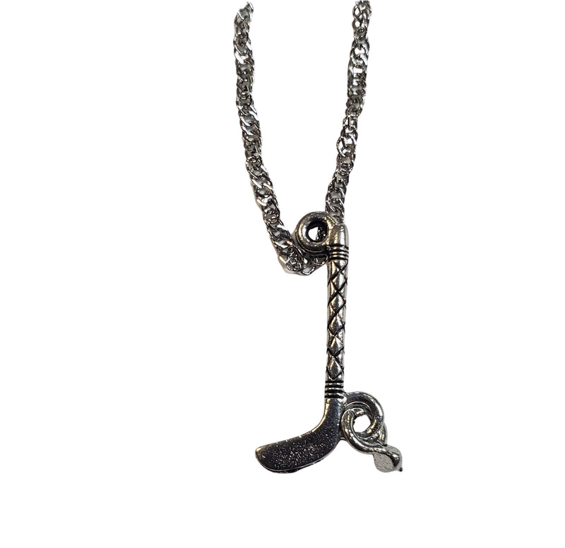 Silver Hockey Stick and Puck Charm Necklace