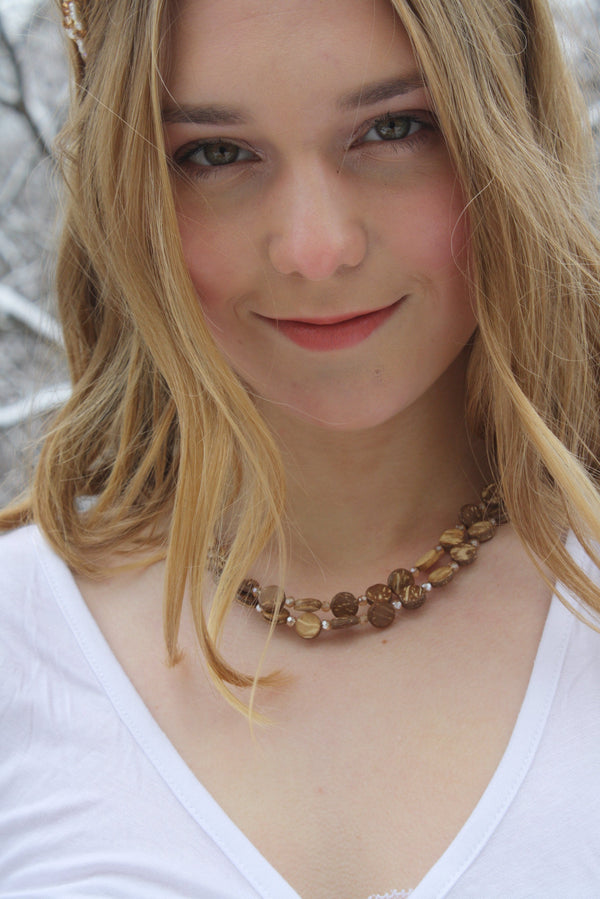 Eco-Friendly Elegance: Sustainable Coconut Shell Necklace (Champagne Crystals)