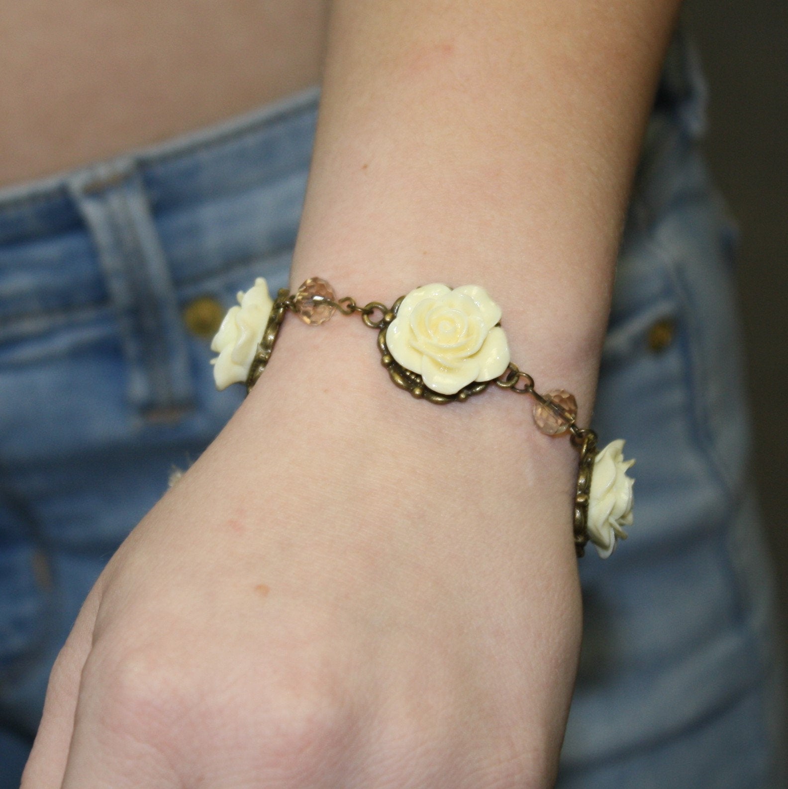 Victorian Charm Rose Flower Bracelet | Yellow, Blue, Pink, :Peach