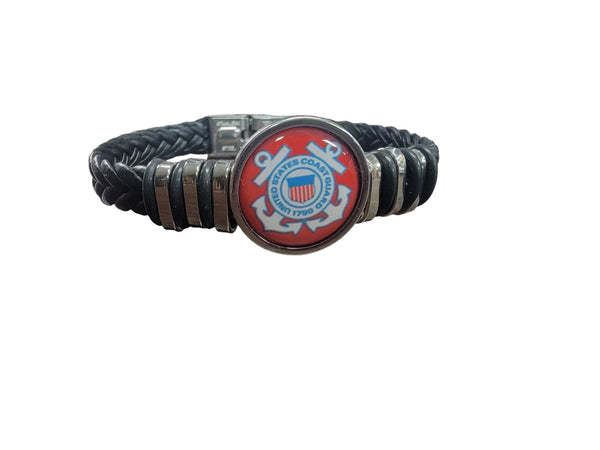 Officially Licensed Coast Guard Braided Leather Bracelet with Stainless Steel Accents