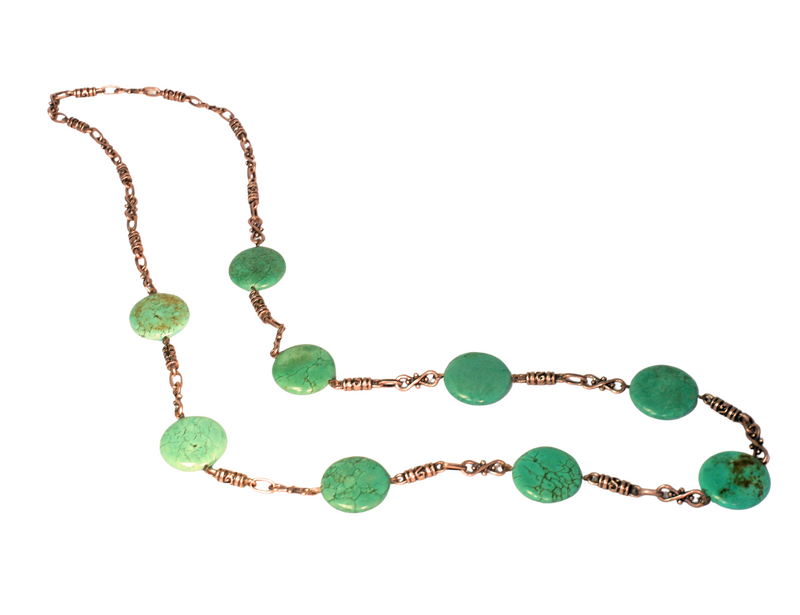 Bohemian Copper and Natural Turquoise Long Necklace For Women