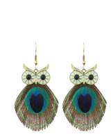 Boho Peacock Feather Owl Necklace and Earrings Set | Unique Gift