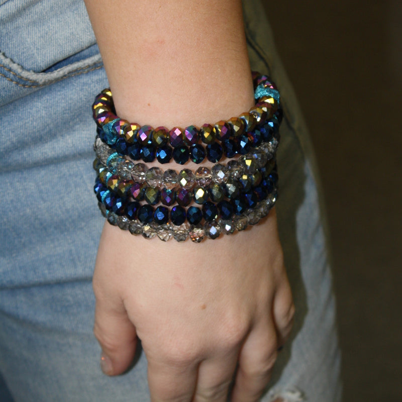 Wide Rainbow Crystal Beaded Stack Bracelet