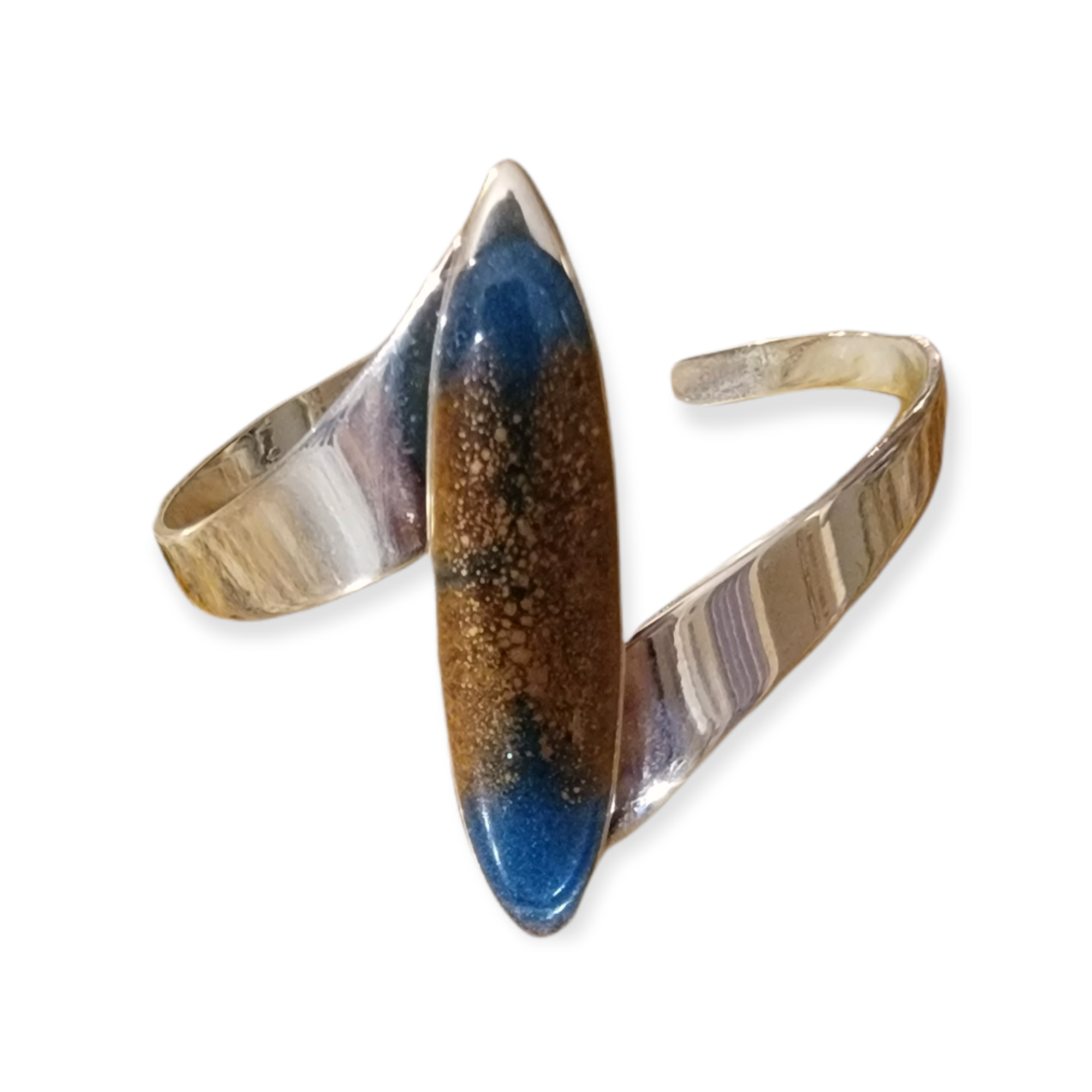 Statement Ellipse Cuff Bracelet with Resin Art Sterling Silver Plated