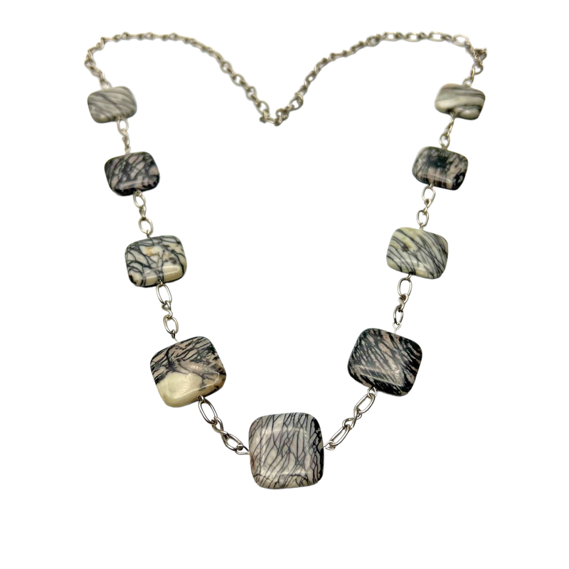 Web Agate Geometric Necklace on Silver Chain